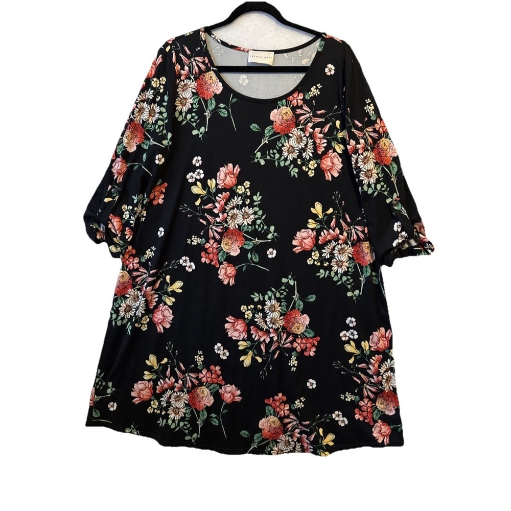 French Grey Floral Bloom Super Soft Stretch 3/4 Sleeve Shift‎ Dress XL Cottage